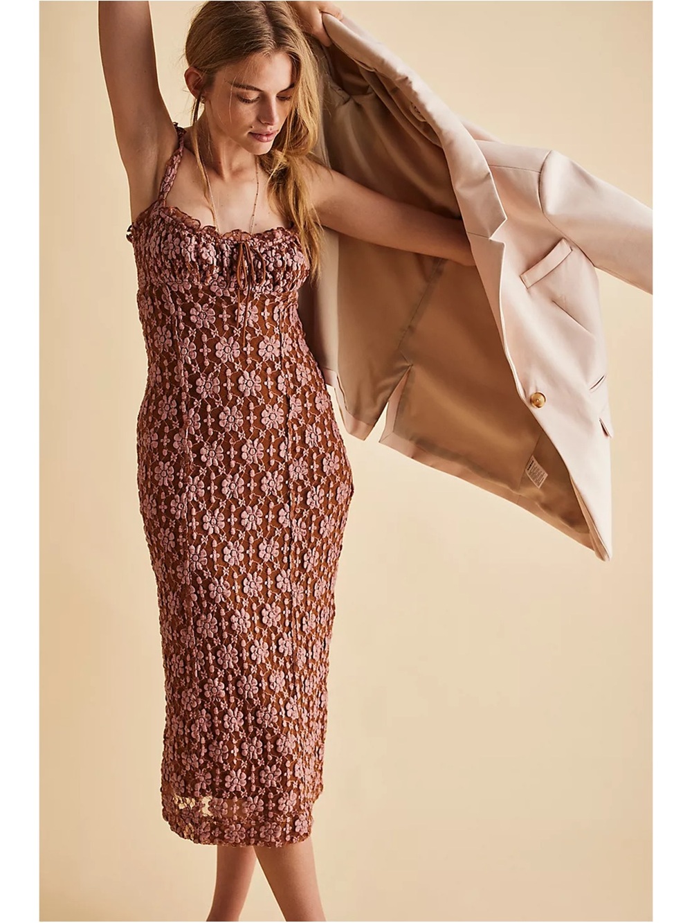 Free People Lucinda Sleeveless Lace Fairy Boho Midi Dress Mauve Brown Large